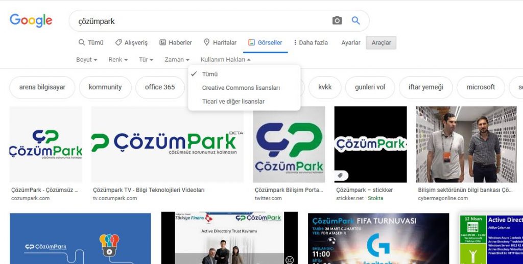 google görseller içerikler lisanslı arama