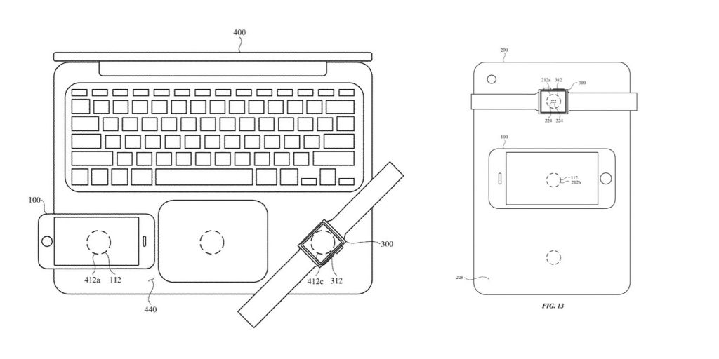 Çizimde Apple MacBook'un iPhone, iPad ve Apple Watch'u kablosuz olarak şarj ettiği gösteriliyor